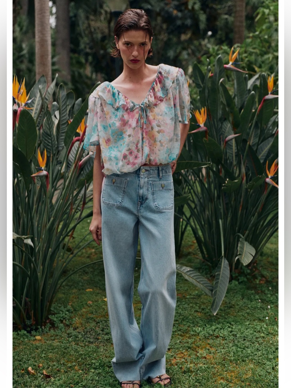 Zara Pastel Floral Ruffle Blouse - Blue, Pink, Yellow, Cream